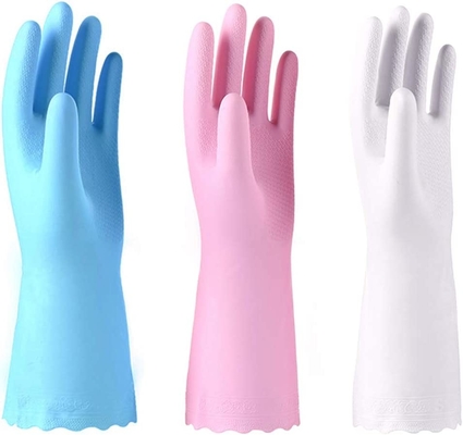 Latex Free Reusable Dishwashing Gloves With Cotton Flock Liner And Embossed Palm