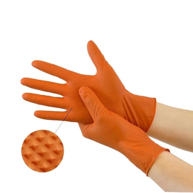 Heavy Duty Black Orange Diamond Textured Palm Grip Reusable Nitrile Work Gloves