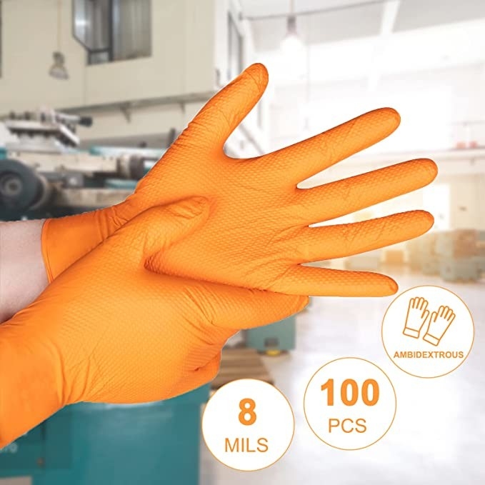Waterproof Thickened Orange Diamond Grip Nitrile Gloves Powder Free Food Grade