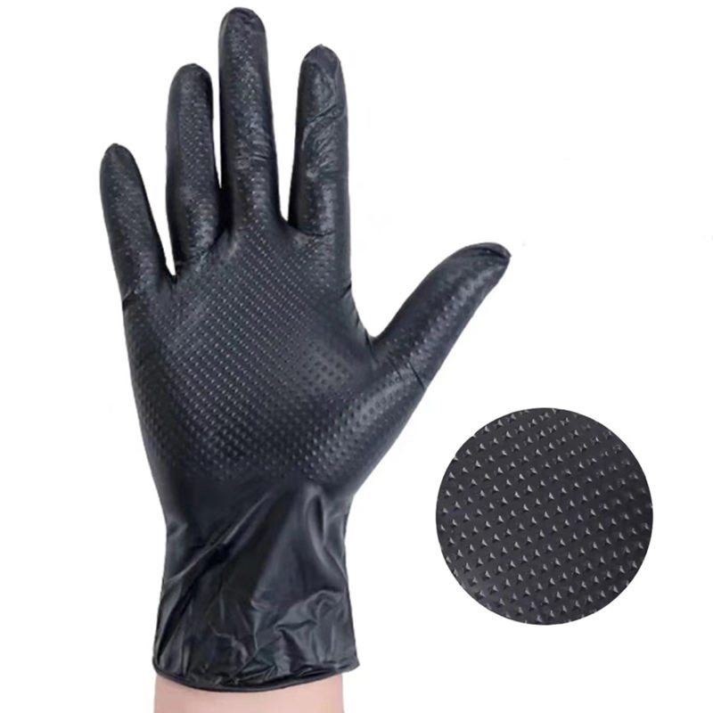 Food Grade Diamond Pattern Black Nitrile Gloves With Powder Free
