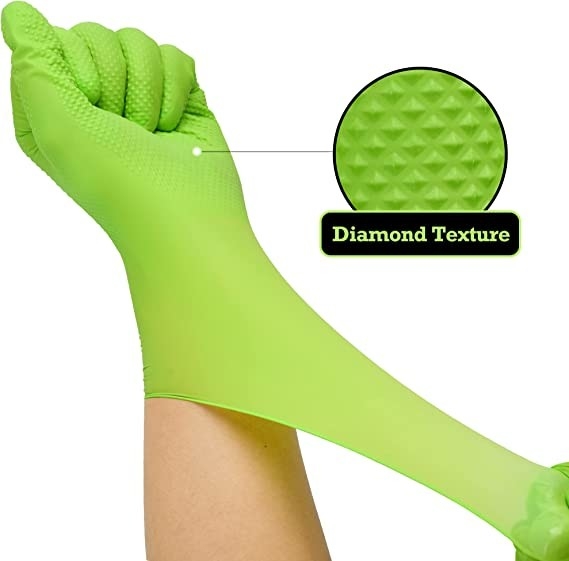 Heavy Duty Green Textured Diamond Nitrile Gloves Industrial Disposable