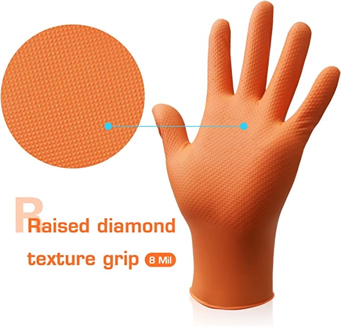 Factory Supply 6mil 8mil Nitrile Diamond Texture Glove Powder Free Orange Nitrile Gloves