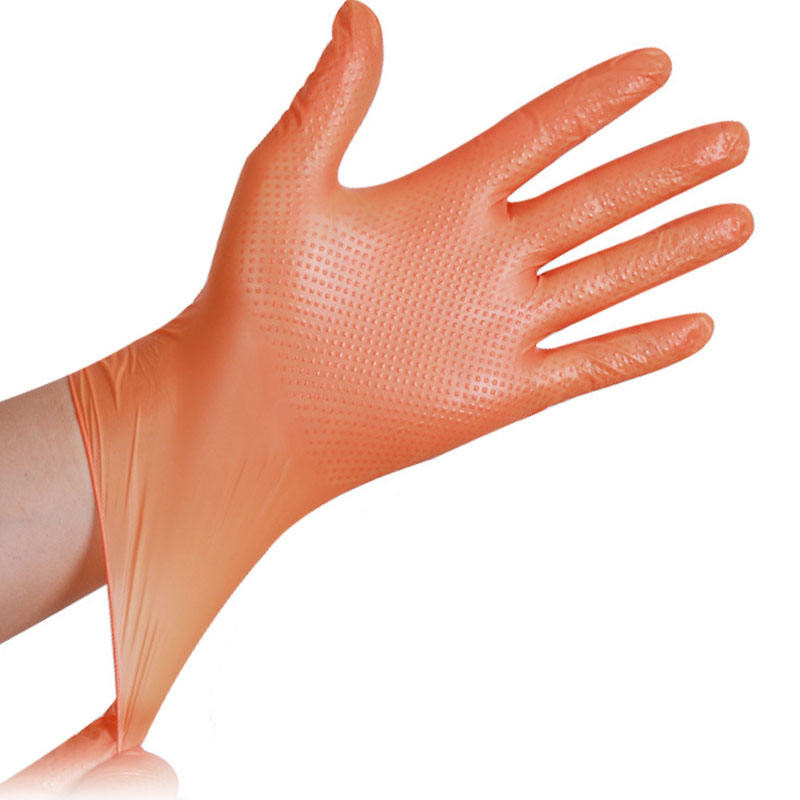 Heavy Duty Diamond Textured Palm Grip Reusable Nitrile Work Gloves Black Orange
